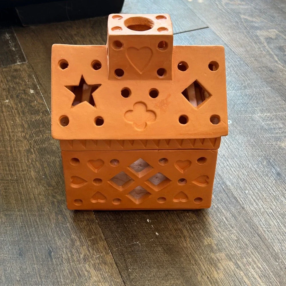 Vintage‎ Portugal Terracotta House Candle Holder Luminary Star Heart Cutouts